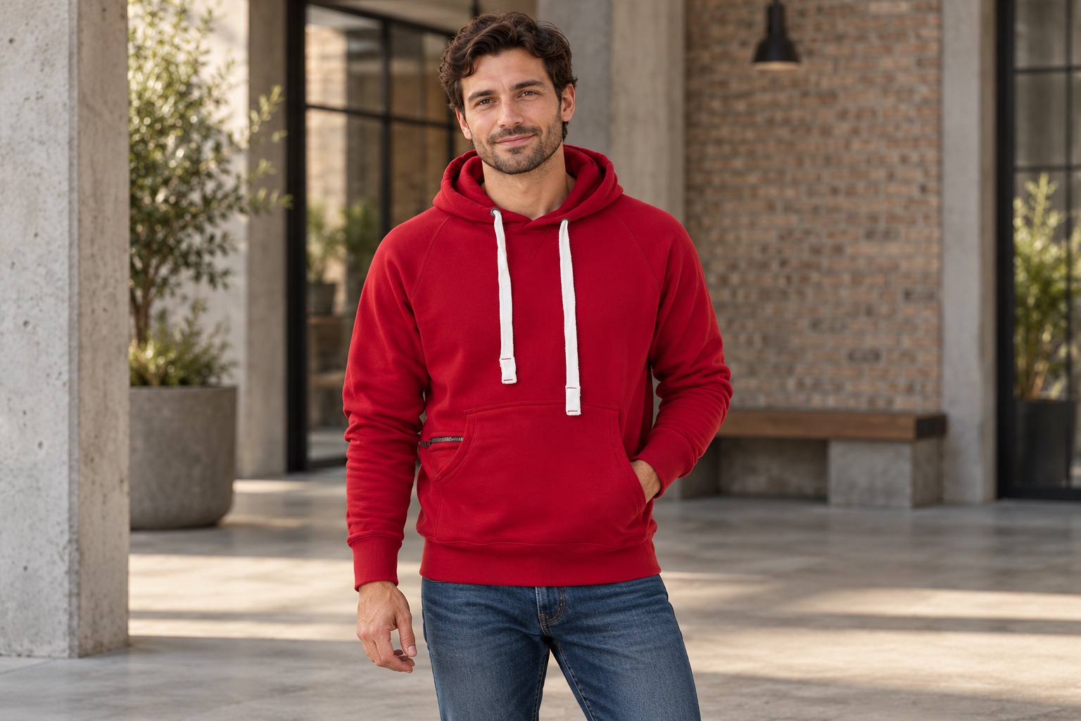 Modello con felpa rossa con cappuccio in un cortile urbano